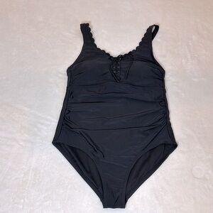 Kona Sol Lacefront Ruched Side Black One-piece Swimsuit Size 14W
